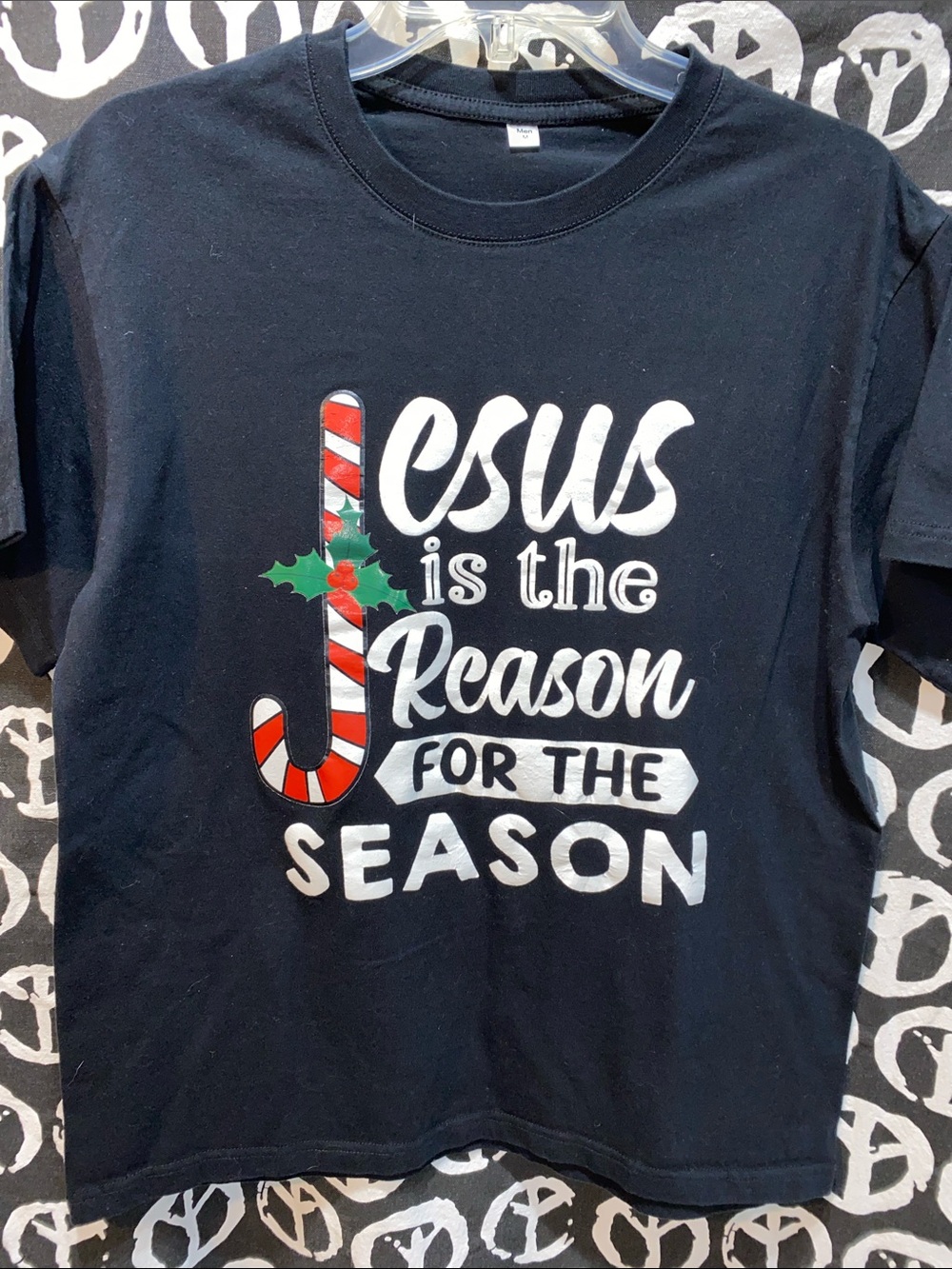 MEN CHRISTMAS TEE BLACK SZ M CANDYCANE MISTLETOE GRAPHICS